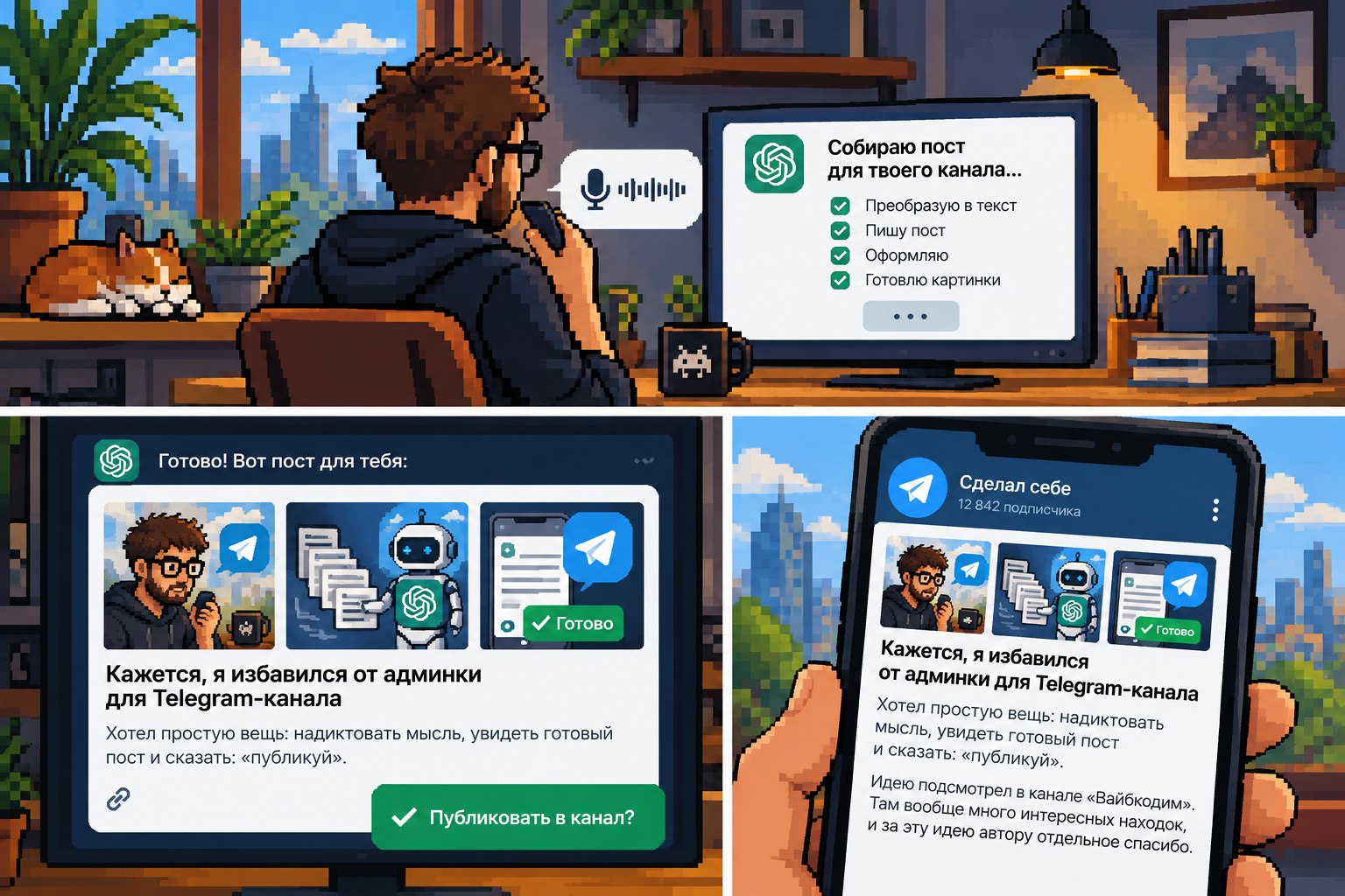 Пиксельный путь от голосовой идеи до готового поста в Telegram